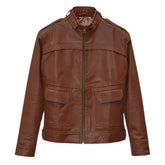 Men’s Brown High-Collar Leather Jacket with Flap Pockets