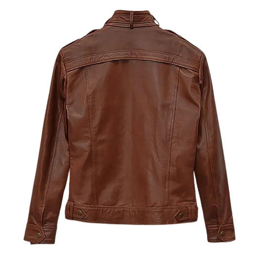 Men’s Brown High-Collar Leather Jacket with Flap Pockets