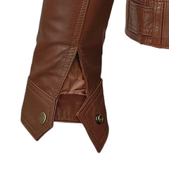 Men’s Brown High-Collar Leather Jacket with Flap Pockets