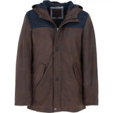 Men's Brown Hooded Leather Jacket with Navy Plaid Accents