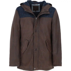 Men's Brown Hooded Leather Jacket with Navy Plaid Accents