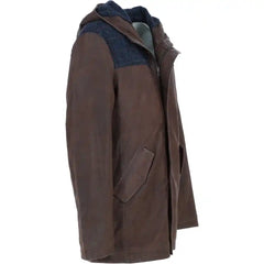 Men's Brown Hooded Leather Jacket with Navy Plaid Accents