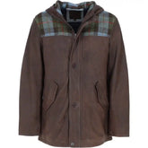 Men's Brown Hooded Leather Jacket with Plaid Shoulder