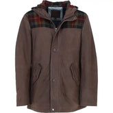 Men's Brown Hooded Leather Jacket with Red Plaid Accents