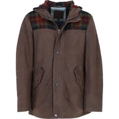 Men's Brown Hooded Leather Jacket with Red Plaid Accents