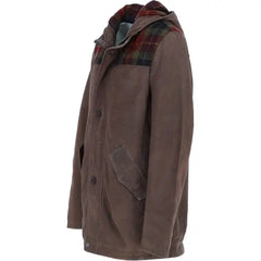 Men's Brown Hooded Leather Jacket with Red Plaid Accents