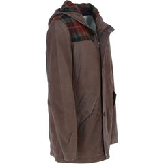 Men's Brown Hooded Leather Jacket with Red Plaid Accents