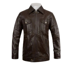 Men’s Brown Leather Jacket with Front Flap Pockets