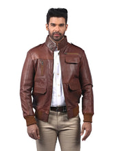 Men’s Brown Leather Jacket with High Neck Collar Front