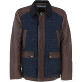 Men's Brown Leather Jacket with Navy Blue Plaid Wool Panels