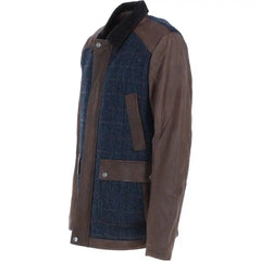 Men's Brown Leather Jacket with Navy Blue Plaid Wool Panels