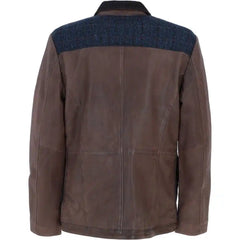 Men's Brown Leather Jacket with Navy Blue Plaid Wool Panels
