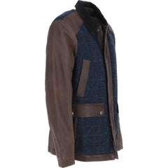 Men's Brown Leather Jacket with Navy Blue Plaid Wool Panels