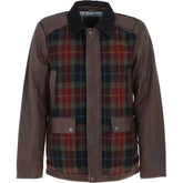 Men's Brown Leather Jacket with Plaid Wool Panels