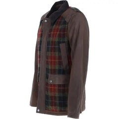 Men's Brown Leather Jacket with Plaid Wool Panels
