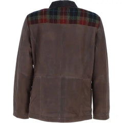 Men's Brown Leather Jacket with Plaid Wool Panels