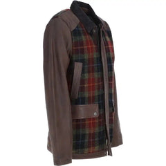 Men's Brown Leather Jacket with Plaid Wool Panels
