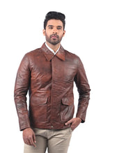 Men’s Brown Leather Jacket with Pointed Collar Front
