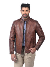 Men’s Brown Leather Jacket with Ribbed Sleeves Front