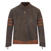 Men’s Brown Leather Jacket with Striped Sleeves