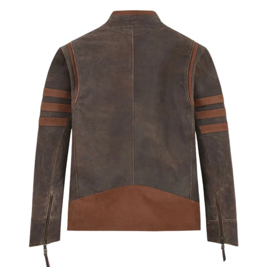 Men’s Brown Leather Jacket with Striped Sleeves