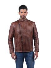 Men’s Brown Leather Jacket with Vertical Stitching Front