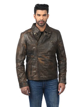 Men’s Brown Leather Jacket with Zip Details Front