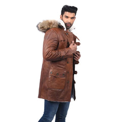 Men's Brown Leather Parka Coat with Fur Hood