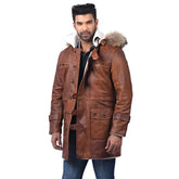 Men's Brown Leather Parka Coat with Fur Hood