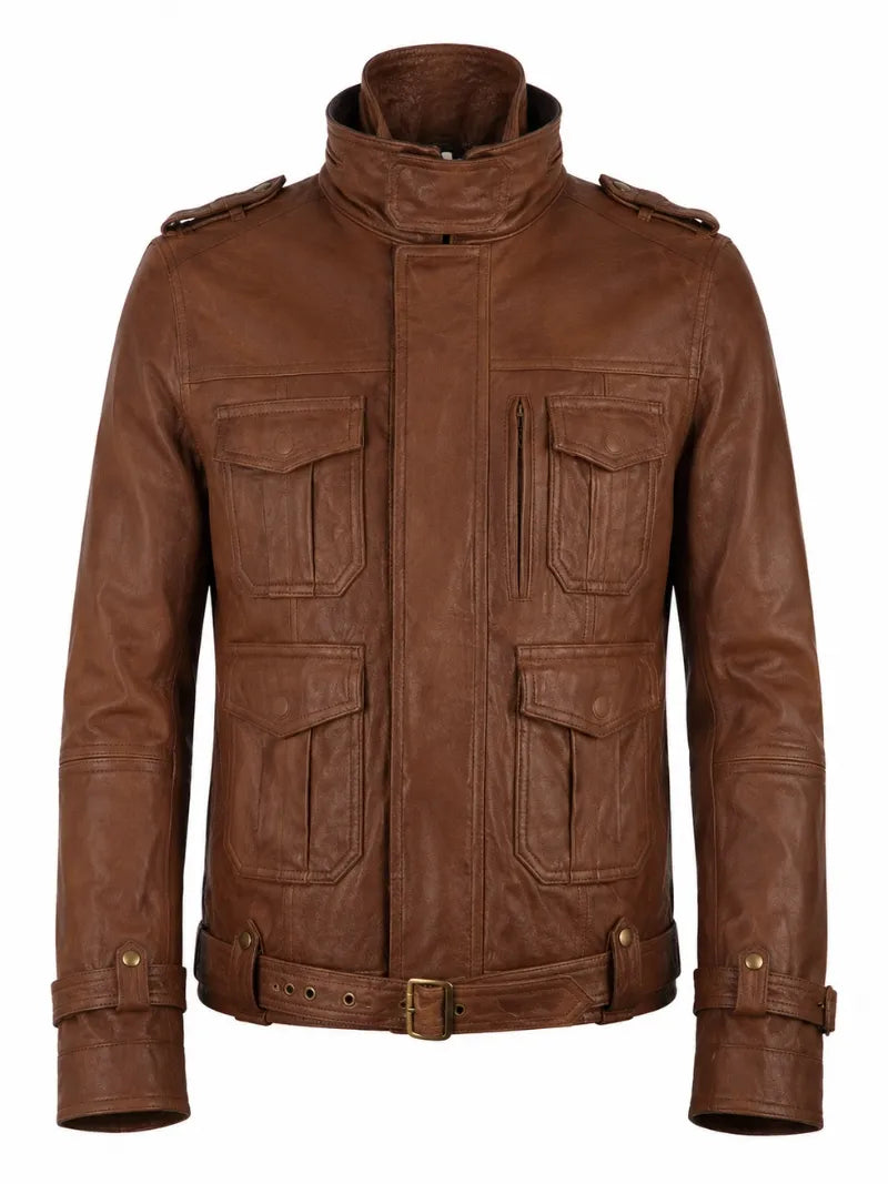 Men’s Brown Leather Utility Jacket Front