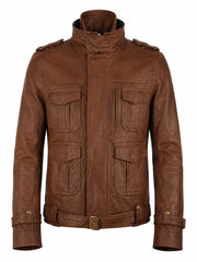 Men’s Brown Leather Utility Jacket Front