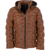 Men's Brown Quilted Leather Hooded Jacket