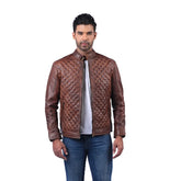Men’s Brown Real Leather Diamond Quilted Zip Jacket