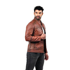 Men’s Brown Real Leather Ribbed Panel Jacket