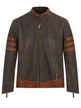 Men’s Brown Stripe Sleeve Leather Jacket Front