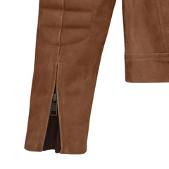 Men’s Brown Suede Leather Jacket with Dual Shoulder Stripes