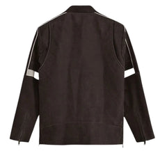 Men’s Brown Suede Leather Jacket with Red and White Stripes