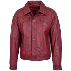 Men's Burgundy Button-Up Leather Trucker Jacket