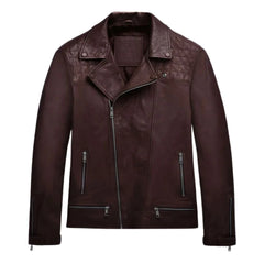 Men’s Burgundy Quilted Shoulder Leather Jacket