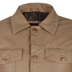 Men’s Camel Brown Button-Up Leather Trucker Jacket