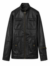 Men’s Casual Black Multi-Pocket Leather Jacket Front
