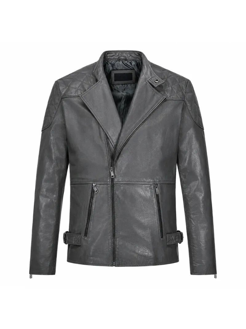 Men’s Charcoal Quilted Shoulder Leather Jacket Front