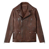Brown Leather Wide-Lapel Asymmetric-Zip Jacket