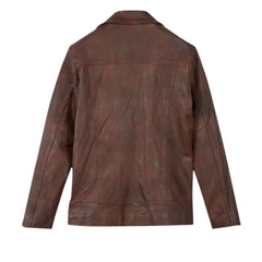 Brown Leather Wide-Lapel Asymmetric-Zip Jacket