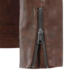 Brown Leather Wide-Lapel Asymmetric-Zip Jacket