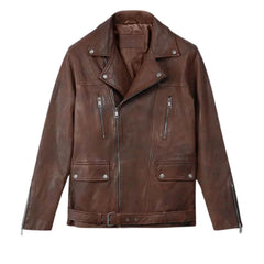 Brown Leather Wide-Lapel Asymmetric-Zip Jacket