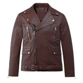 Brown Leather Wide-Lapel Asymmetrical-Zip Jacket