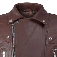 Brown Leather Wide-Lapel Asymmetrical-Zip Jacket