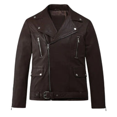 Dark Brown Leather Asymmetric Zip Belted Jacket