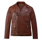 Tan Leather Asymmetric Zip Wide Lapel Jacket